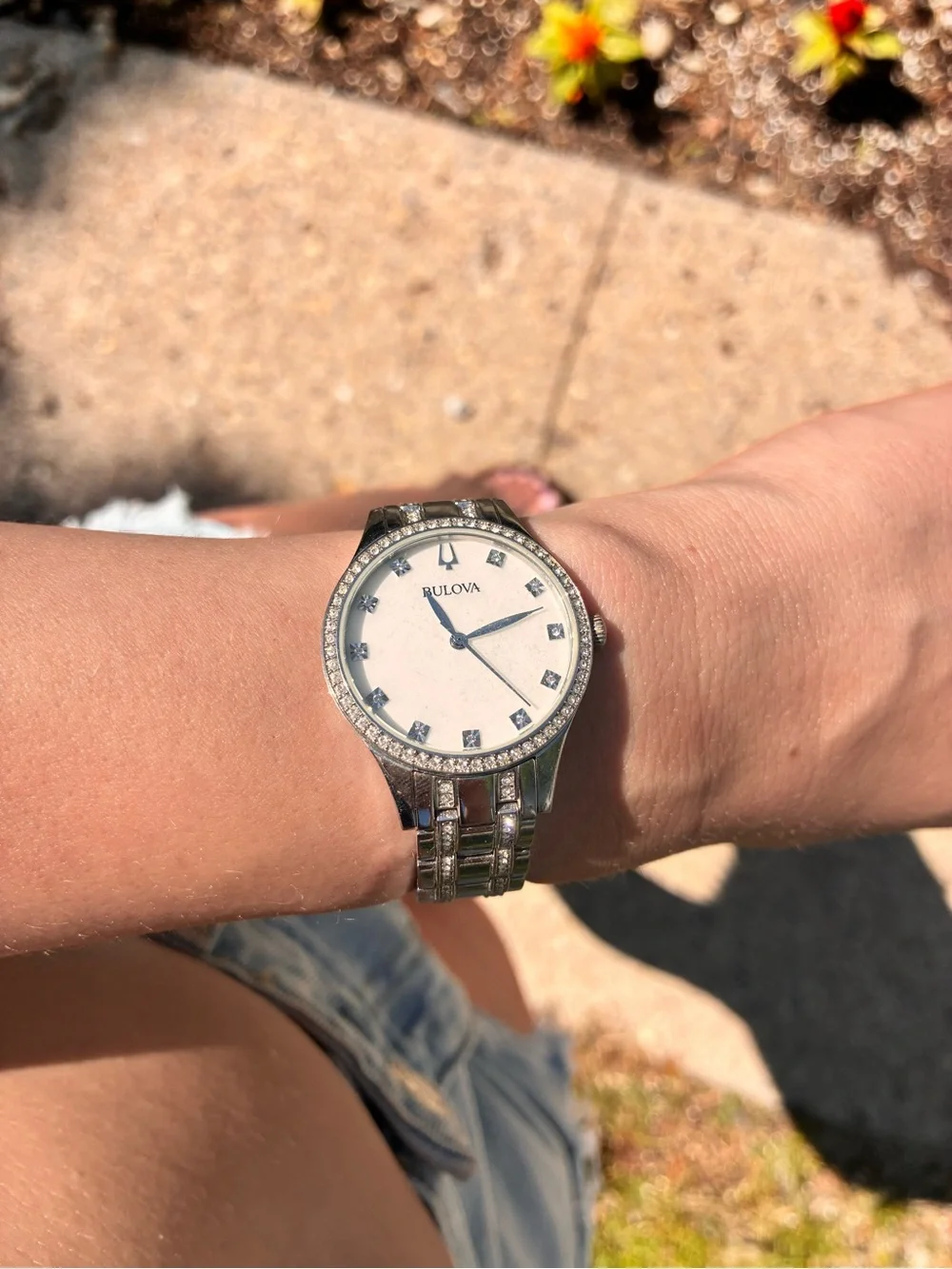 Bulova Silver-Tone Crystal Accent Ladies Watch with White Dial